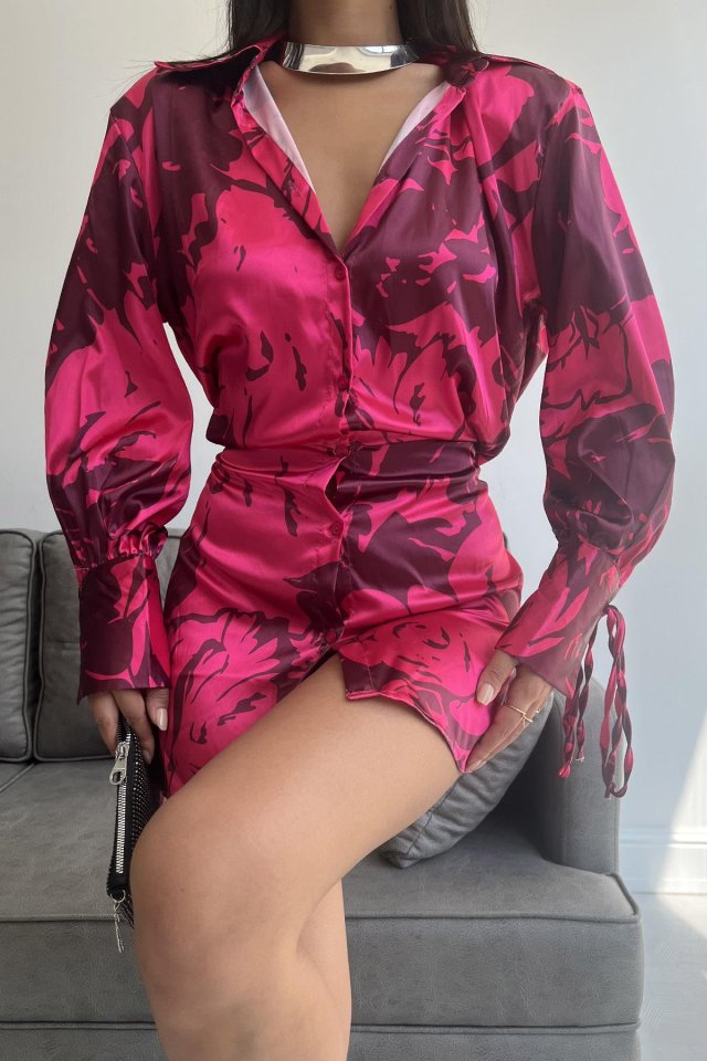 Vatkalı Manşet Detaylı Gömlek Elbise - Fuşya