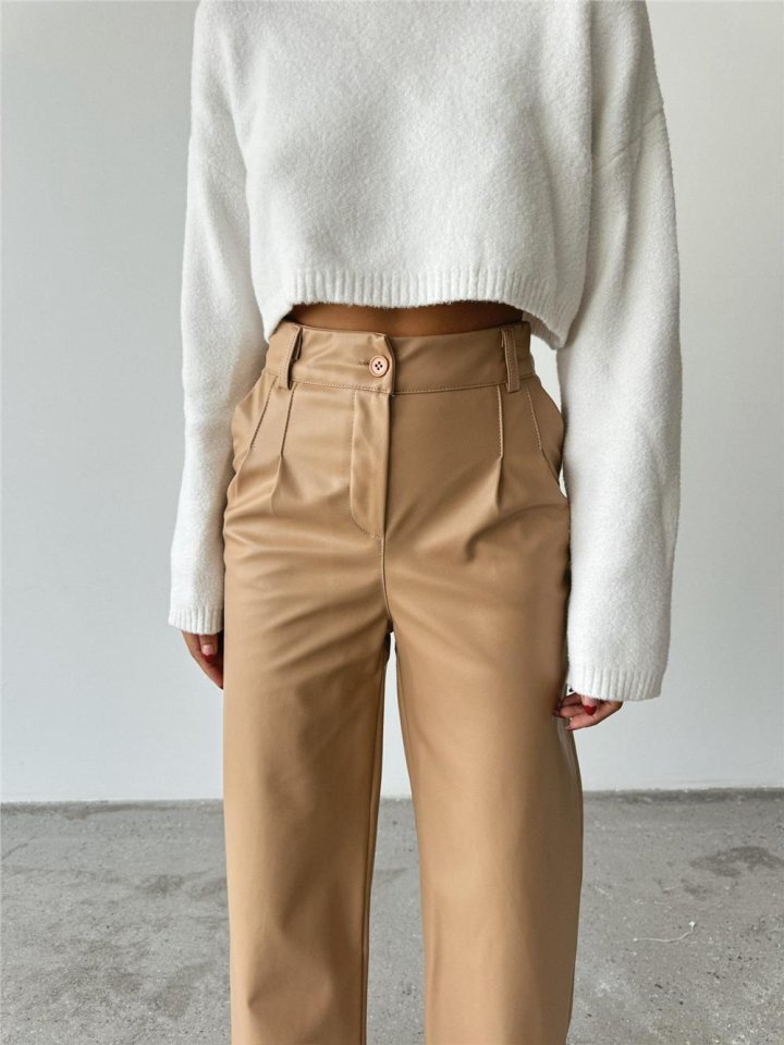 DERİ PALAZZO PANTOLON BORU PAÇA - Bej