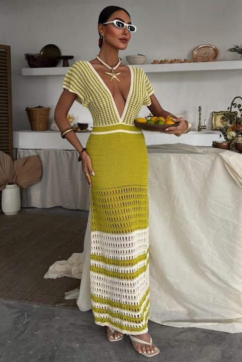 Omuzu Çizgili Ajurlu Triko Elbise 2868