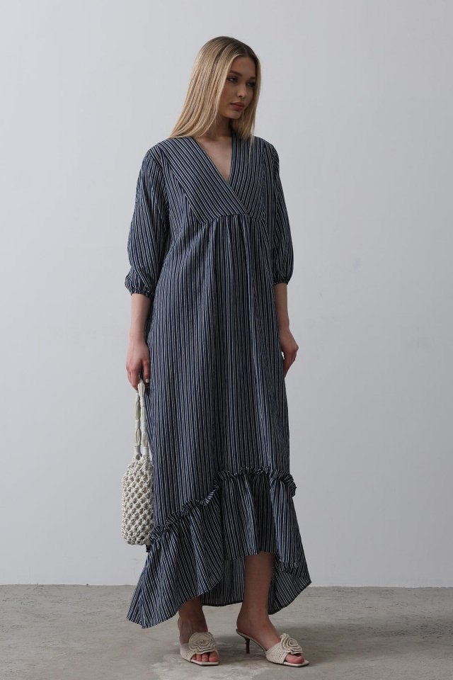 Çizgili Oversize V Yaka Elbise - Lacivert