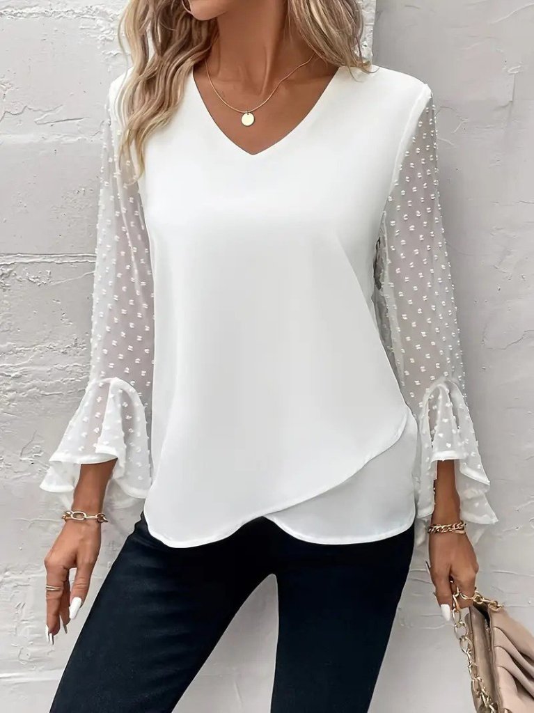 Kadın Uzun Kollu V Yakalı Kolları Ispanyol Detayı Sandy Bluz