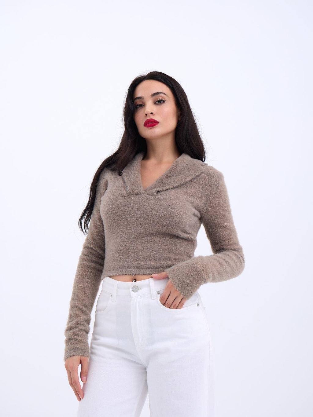 42531 TRİKO SİMLİ YAKALI CROP-KAHVE