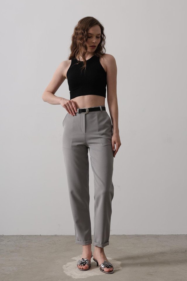 Kemerli Havuç Pantolon - Gri