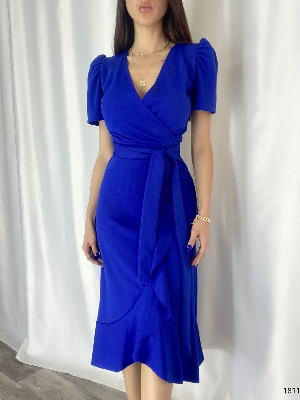 Kruvaze Yaka Kuşaklı Midi Krep Elbise Saks Mavisi