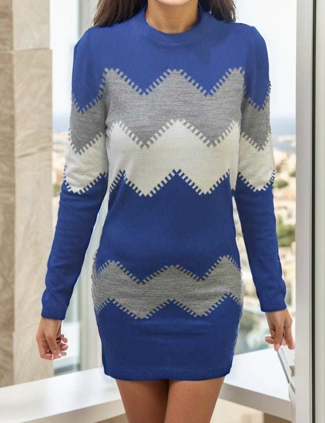 Kadın Uzun Kollu Zigzag Desen Triko Elbise