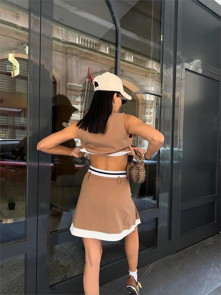 ETEKUCU ŞERİTLİ YELEK - TENİS ETEK TAKIM - Bej