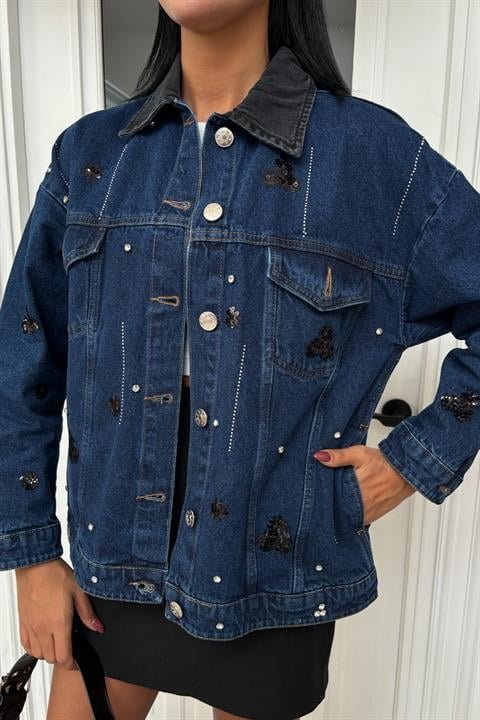 Yaka Siyah Garni Pul Payet Taşlı Oversize Denim Ceket 6125