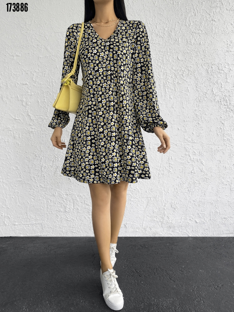 Kadın Uzun Kollu V Yaka çiçek Desenli Helen Kumaş Elbise