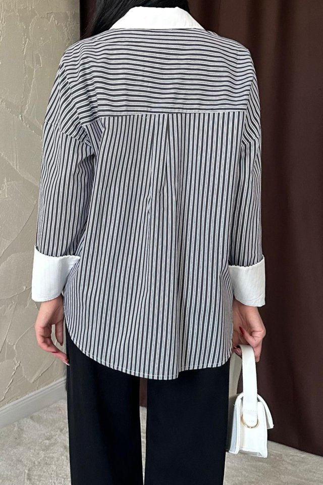 Siyah Çizgili Poplin Uzun Kol Gömlek