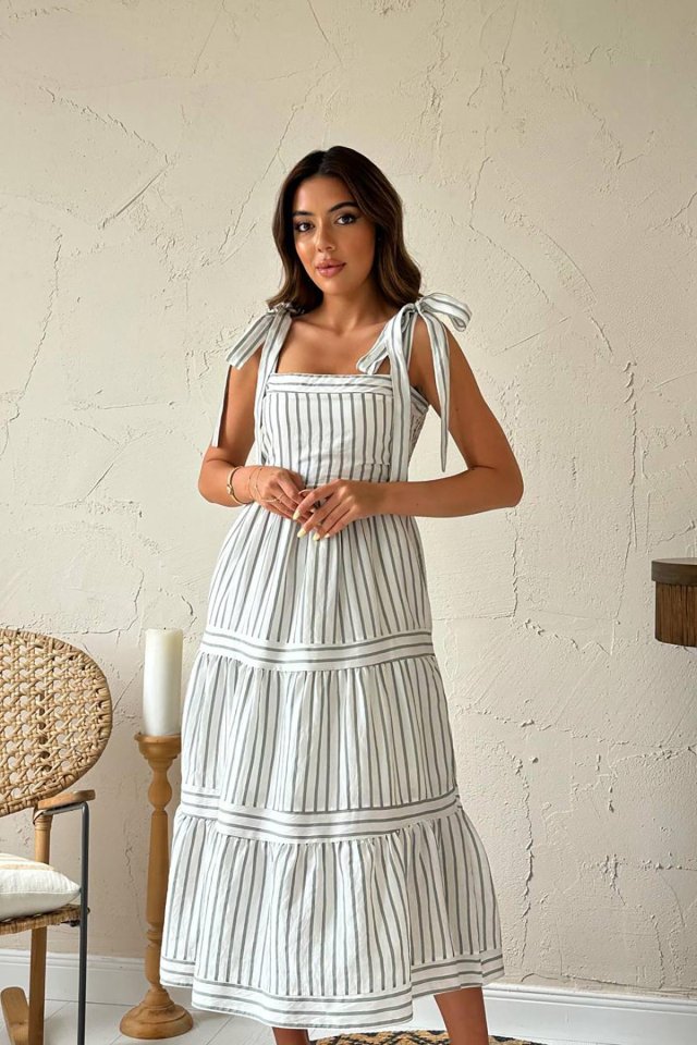 Mint Omuzdan Bağlamalı Çizgili Elbise