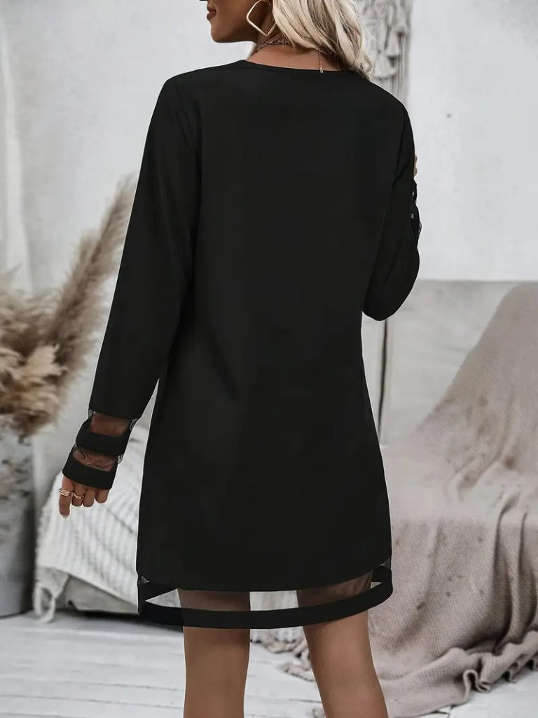 Kadın Uzun Kollu V Yakalı şeritli Tül Detaylı Ithal Krep Elbise