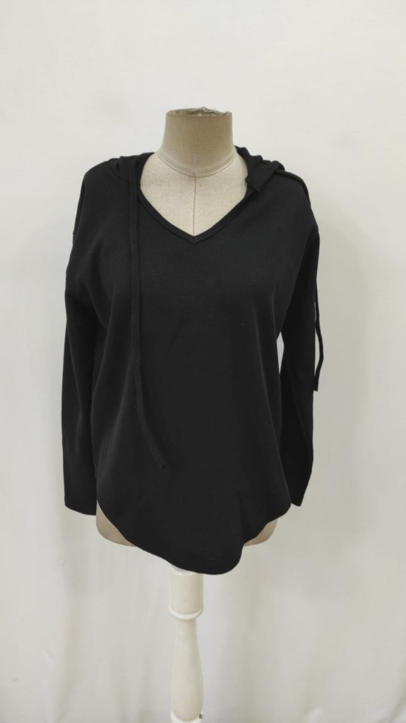 Kadın Uzun Kollu V Yakalı Kapşonlu Waffle Bluz