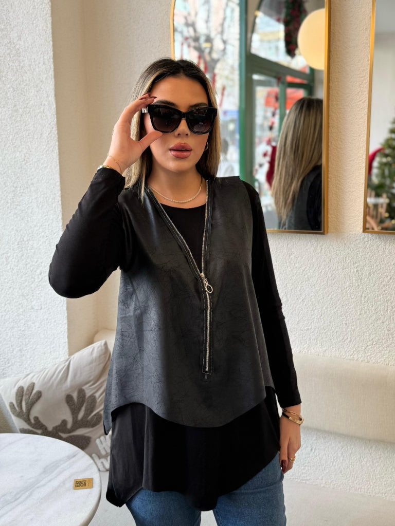 Kadın Uzun Kollu Asimetrik Kesim Viskon Bluz Ve çatlak Deri Görünümlü Yelek Ikili Takım