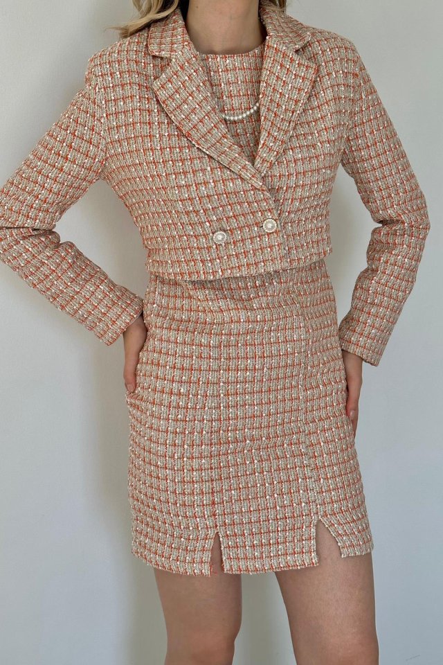 Oranj Düğmeli Ceket Ve Elbise Takım