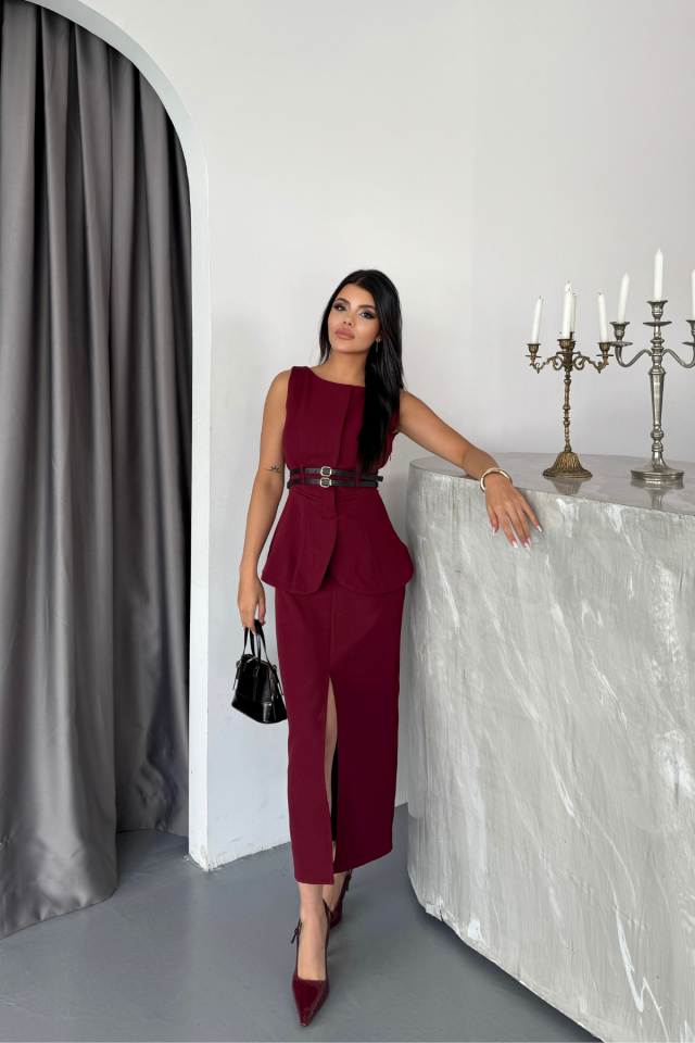 CEKET-ETEK GÖRÜNÜMLÜ ELBİSEÇİFT KEMER DETAYLI - Bordo