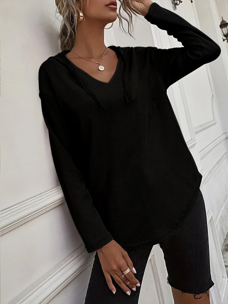 Kadın Uzun Kollu V Yakalı Kapşonlu Waffle Bluz