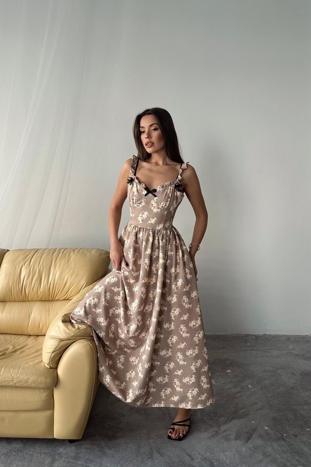 Kahverengi Önü Fiyonklu Çiçekli Elbise