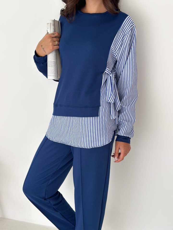 Kadın Gömlek Detay çizgili Yandan Bağlamalı Ikili Takım