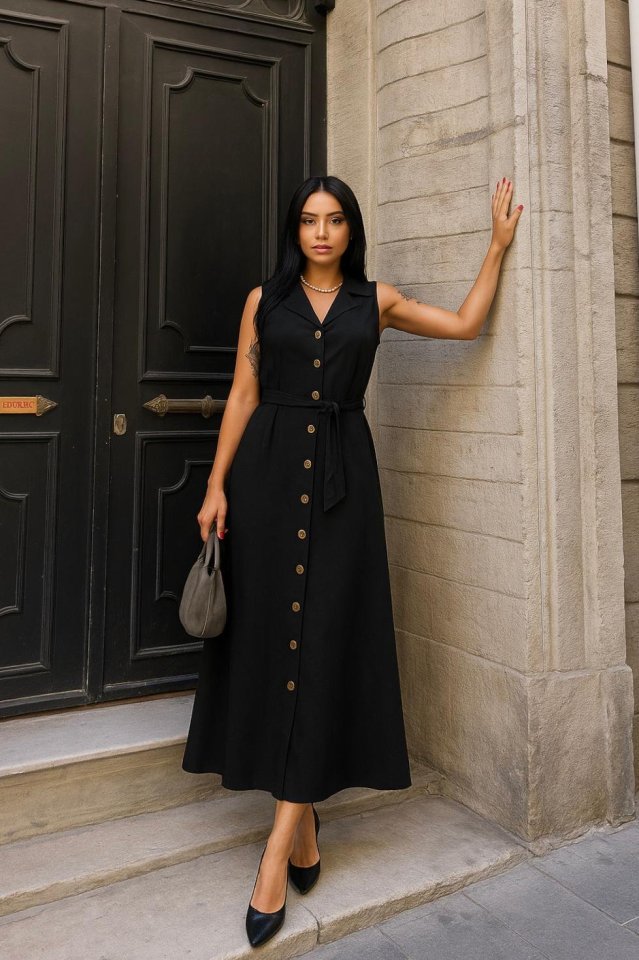 Kadın Düğme Detay Kuşak Dahil Elbise