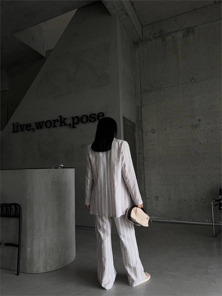 ÇİZGİLİ CEKET KETEN - Bej