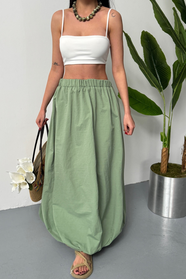 BEL LASTİKLİ BALON ETEK ŞANEL BOY SOFT KUMAŞ - Haki