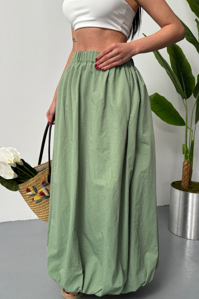 BEL LASTİKLİ BALON ETEK ŞANEL BOY SOFT KUMAŞ - Haki