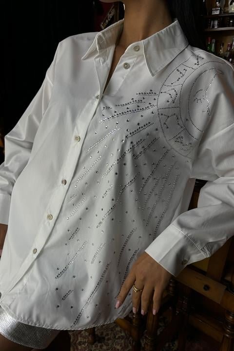 Ay Figürlü Taş İşlemeli Poplin Gömlek 3440