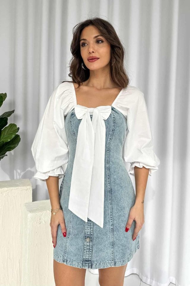 Mavi Önü Fiyoklu Kot Elbise