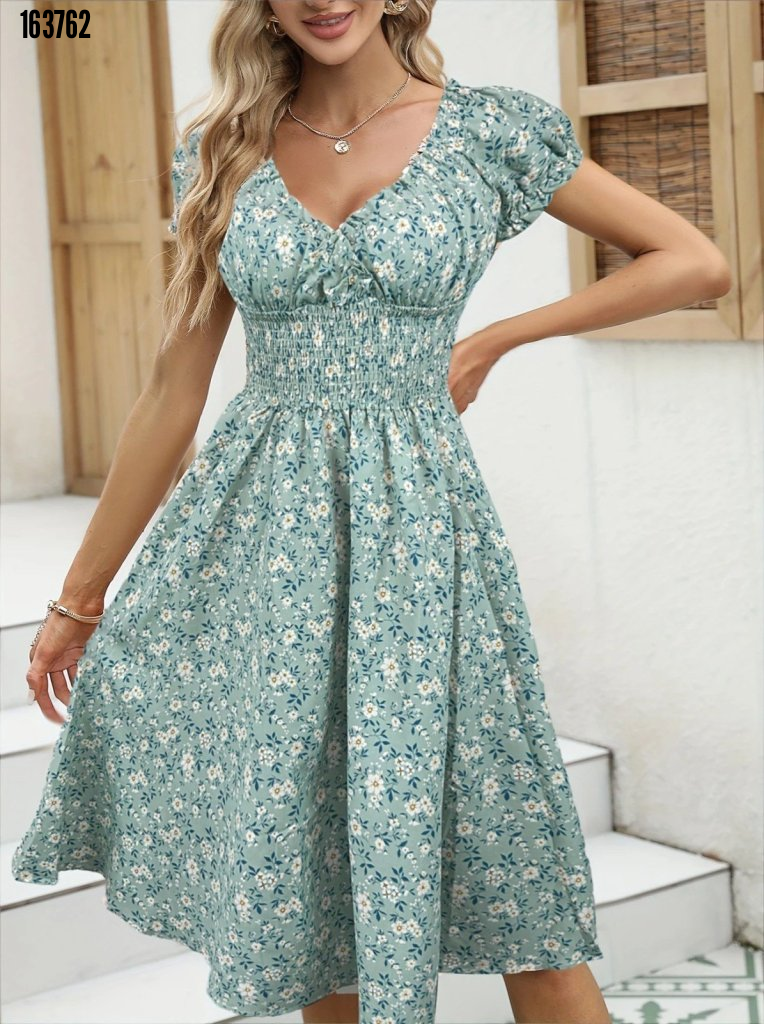 Kadın Kısa Kollu Kruvaze Yaka Lastikli Belden Gipeli çiçek Desenli Suprem Elbise