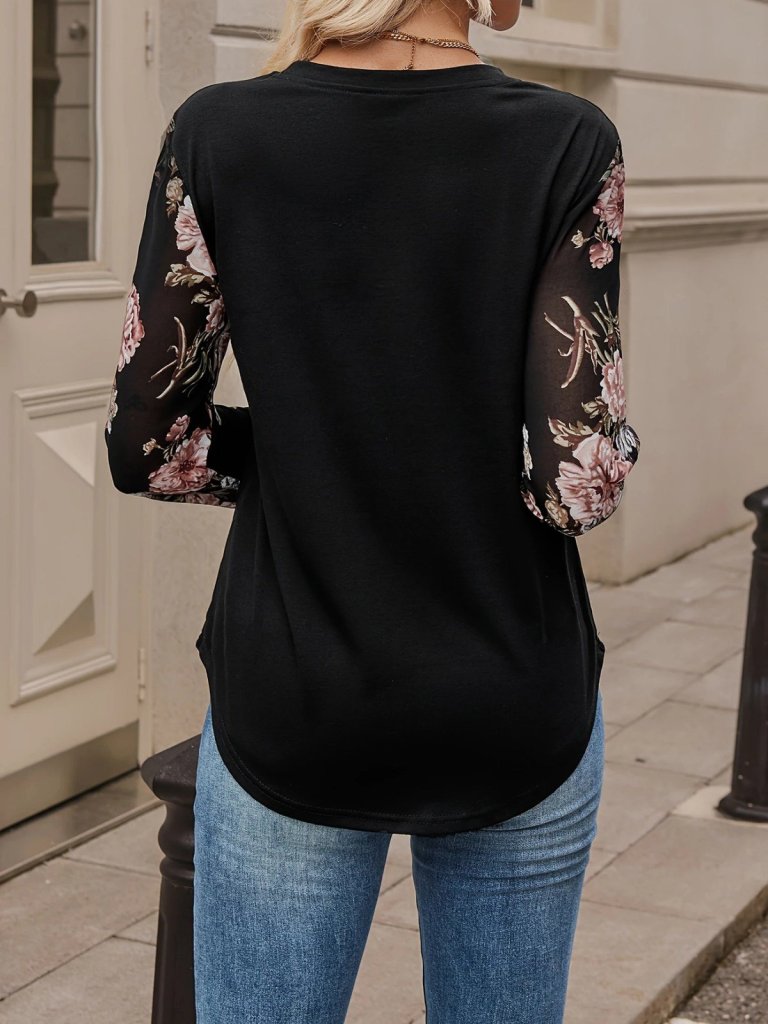 Kadın Uzun Kollu Bisiklet Yakalı Kolun çiçek Desenli Viskon Iki Iplik Bluz