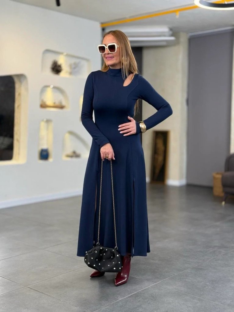 Kadın Balıkçı Yaka Damla Detaylı Yırtmaçlı Uzun Viskon Iki Iplik Maxi Elbise