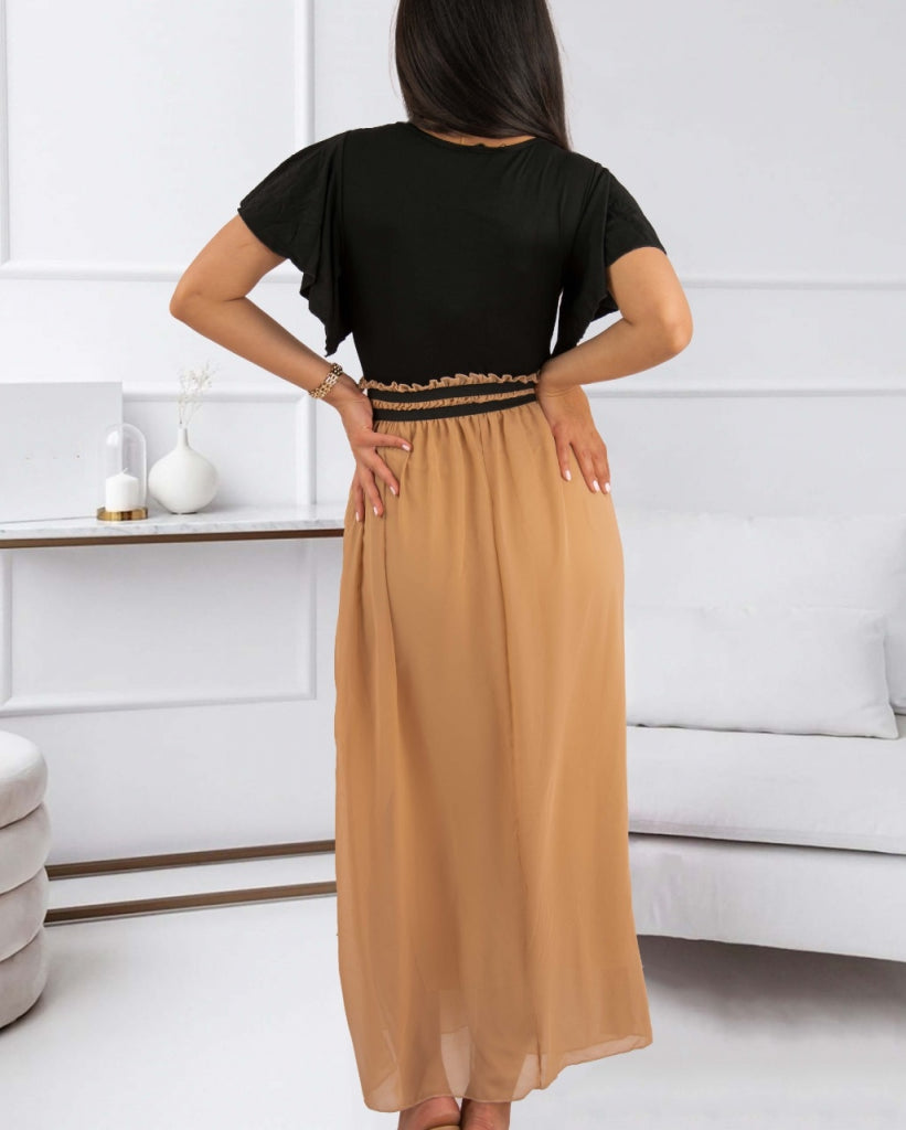 Kadın Kısa Kollu üst Viskon Alt Astarlı şifon Beli Lastikli Elbise