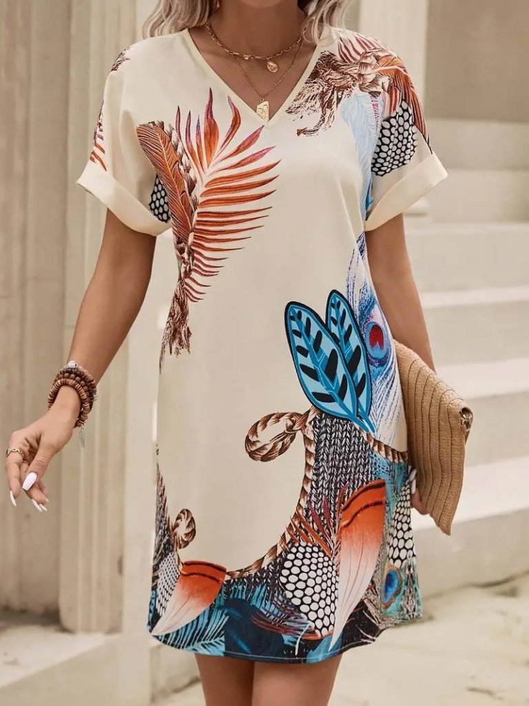 Kadın Kısa Kollu V Yakalı Desenli Mini Atlas Elbise