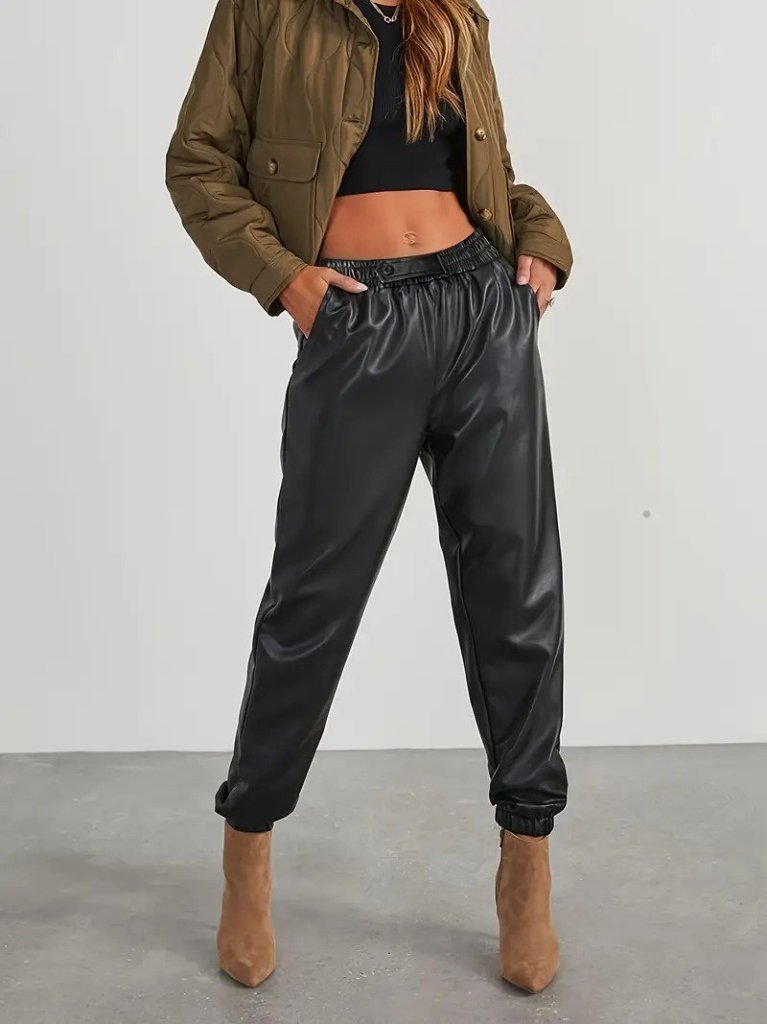Kadın Yüksek Bel Lastikli önü Düğmeli Deri Pantolon