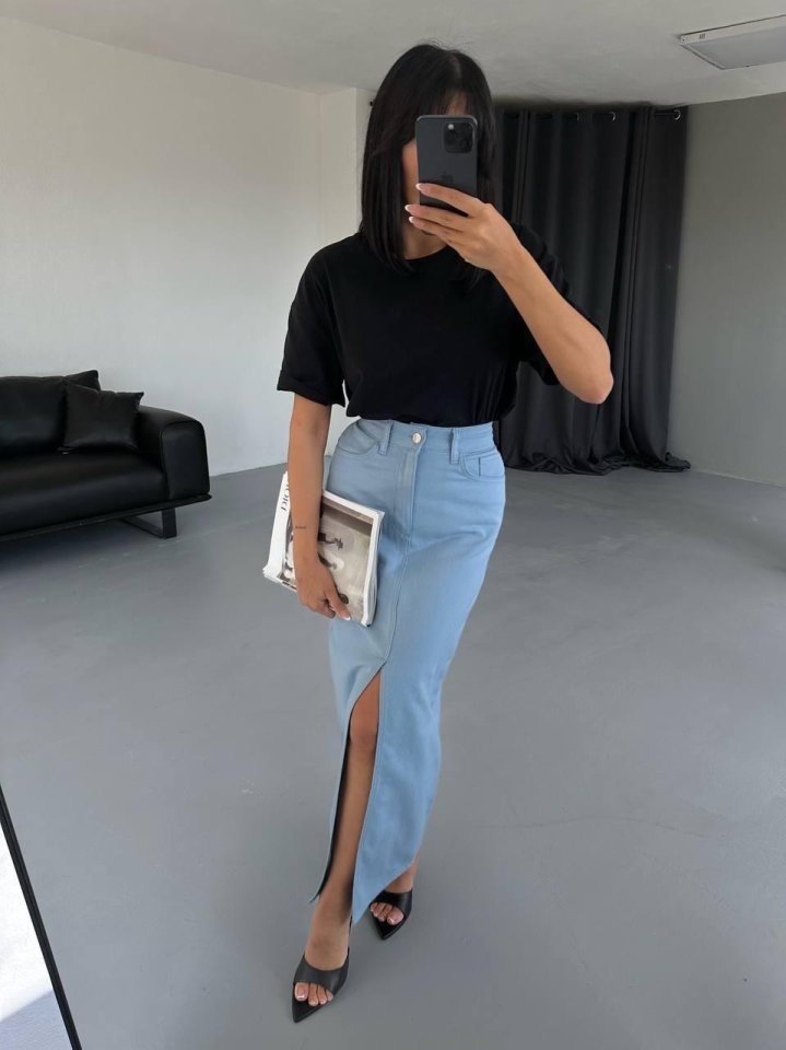 GABARDİN UZUN ÖNDEN YIRTMAÇLI ETEK - Mavi