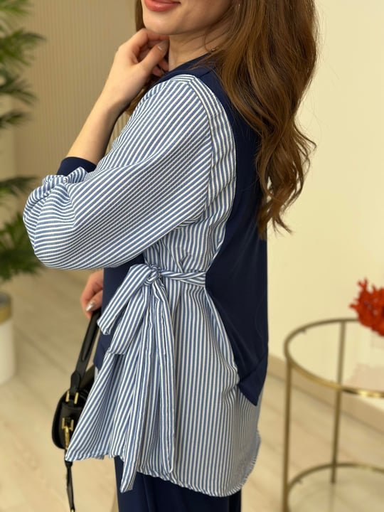 Kadın Gömlek Detay çizgili Yandan Bağlamalı Ikili Takım