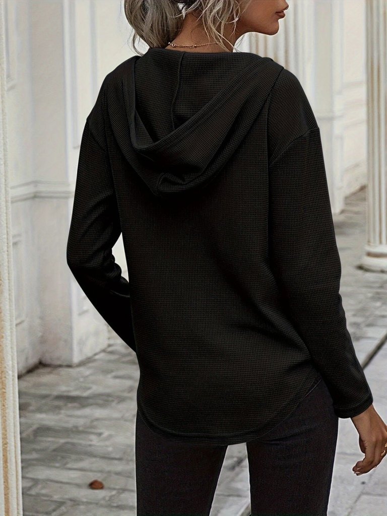 Kadın Uzun Kollu V Yakalı Kapşonlu Waffle Bluz