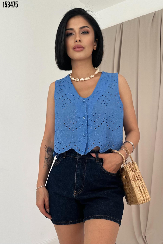 Mavi Sıfır Kol Brode Bluz