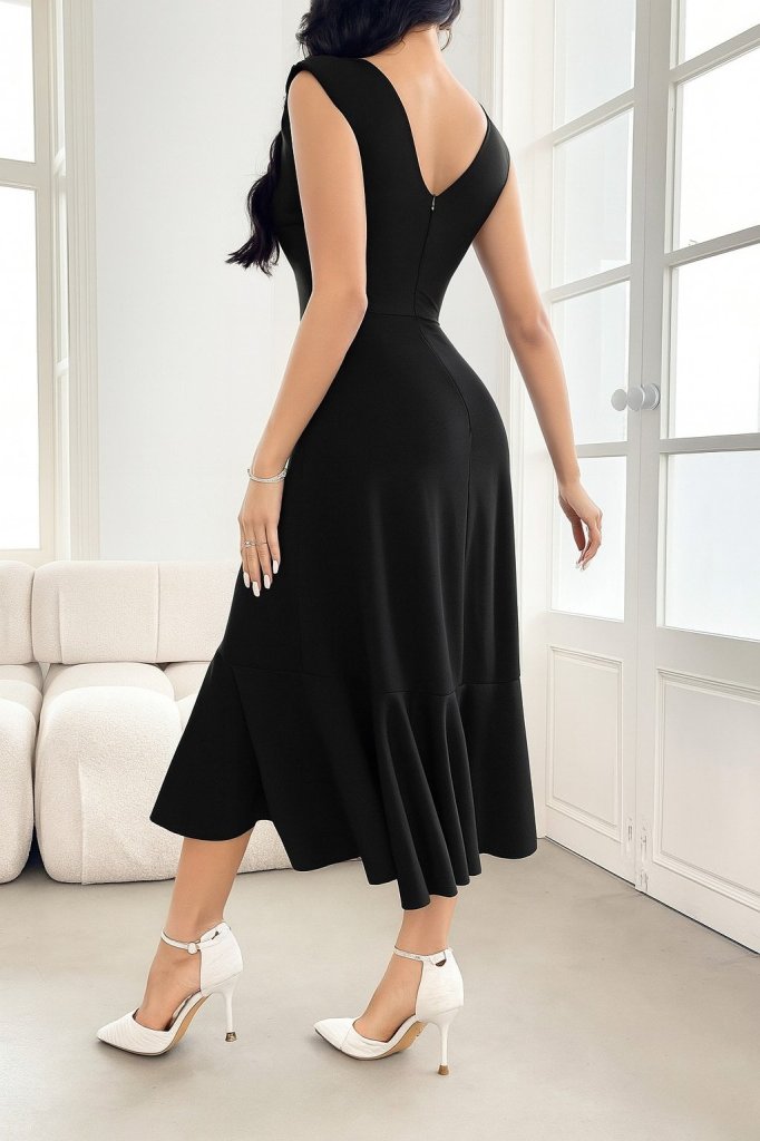 Kadın Sıfır Kollu Belden Büzgülü Eteği Volanlı Asimetrik Kesim Midi Janjan Krep Elbise