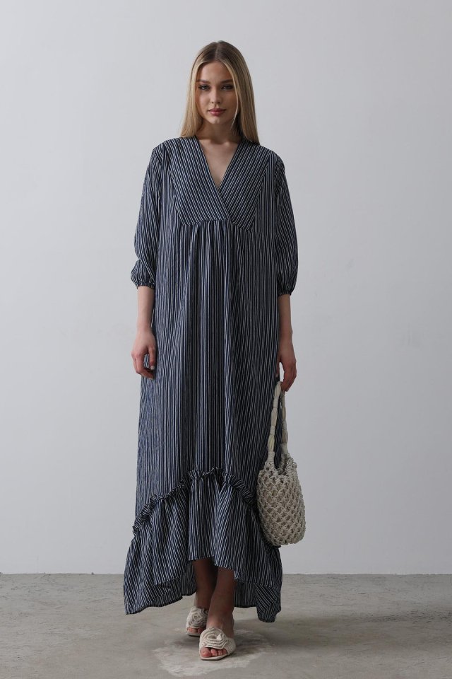 Çizgili Oversize V Yaka Elbise - Lacivert