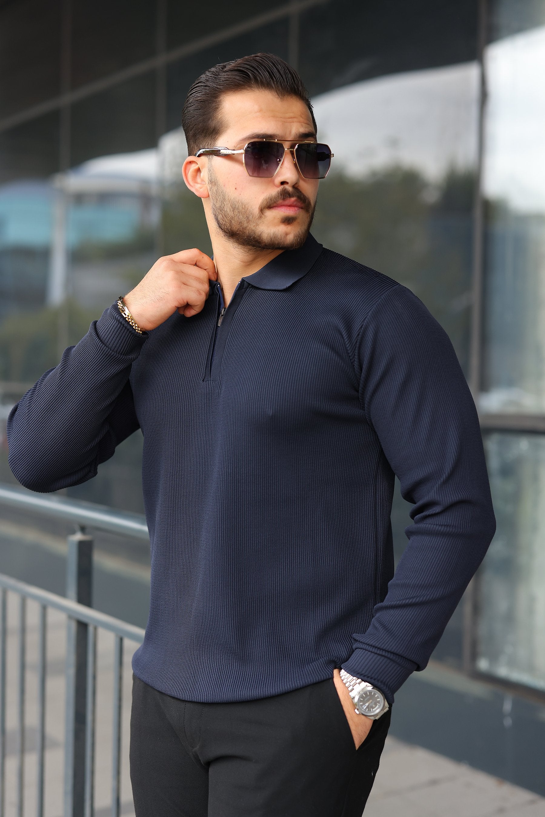 Erkek Selanik örme Yakalı Uzun Kollu Triko