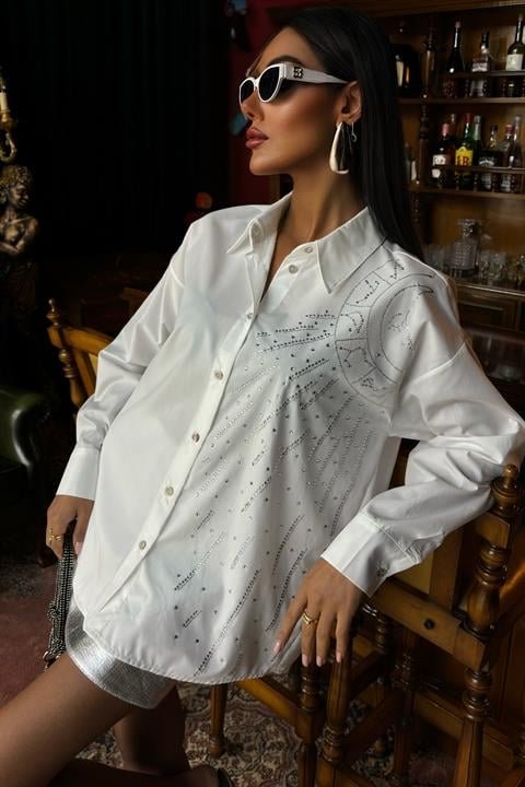 Ay Figürlü Taş İşlemeli Poplin Gömlek 3440