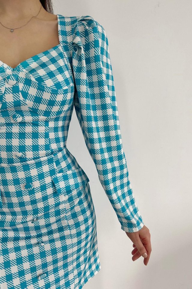 Mavi Kareli Göğüş Kuplu Elbise