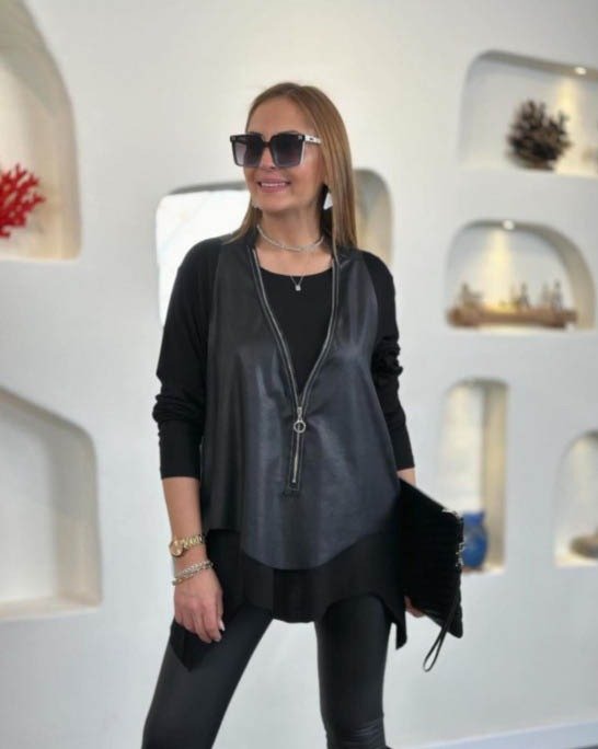 Kadın Uzun Kollu Asimetrik Kesim Viskon Bluz Ve çatlak Deri Görünümlü Yelek Ikili Takım