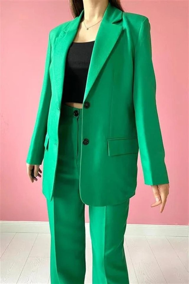 Yeşil Çift Düğmeli Ceket Ve Pantolon Takım