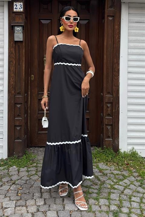 Dalgalı Şerit Detay Askılı Poplin Elbise 2876