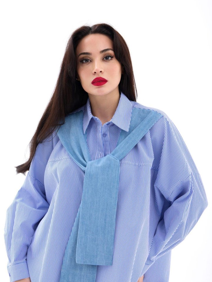 7074 GÖMLEK-MAVİ BEYAZ ÇİZGİLİ