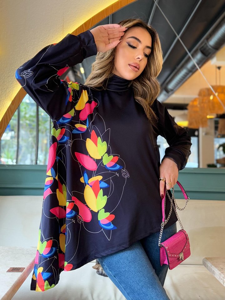 Kadın Uzun Kollu Balıkçı Yaka Asimetrik Kesim Dalgıç Kumaş Bluz