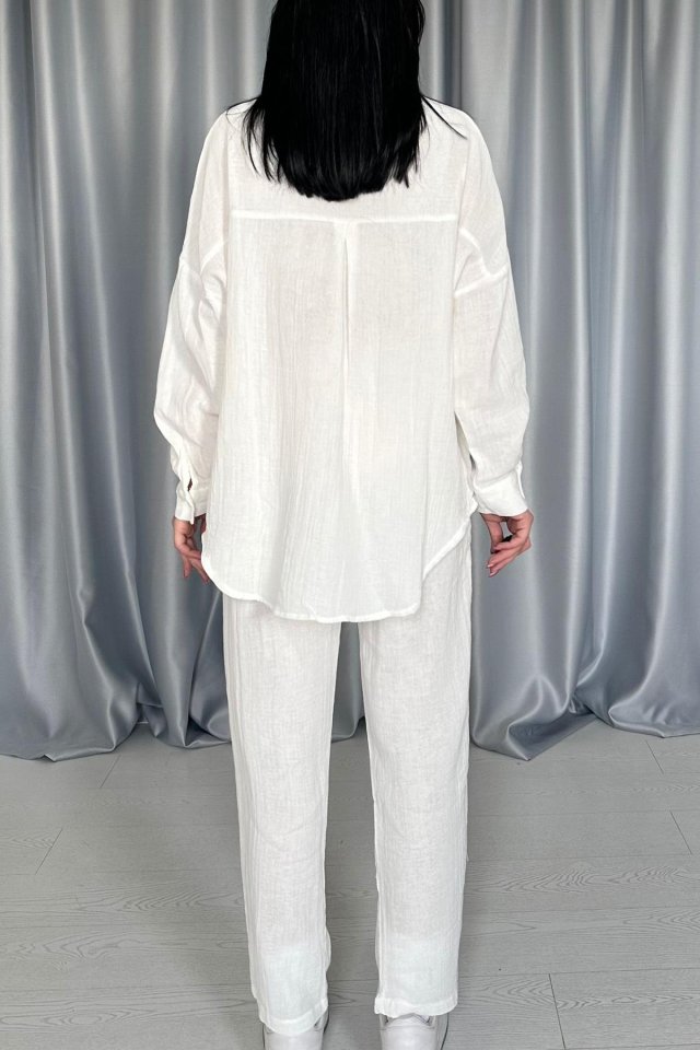 Beyaz 3 Taş Motifli Gömlek Ve Pantolon Takım