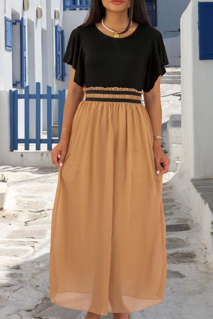 Kadın Kısa Kollu üst Viskon Alt Astarlı şifon Beli Lastikli Elbise